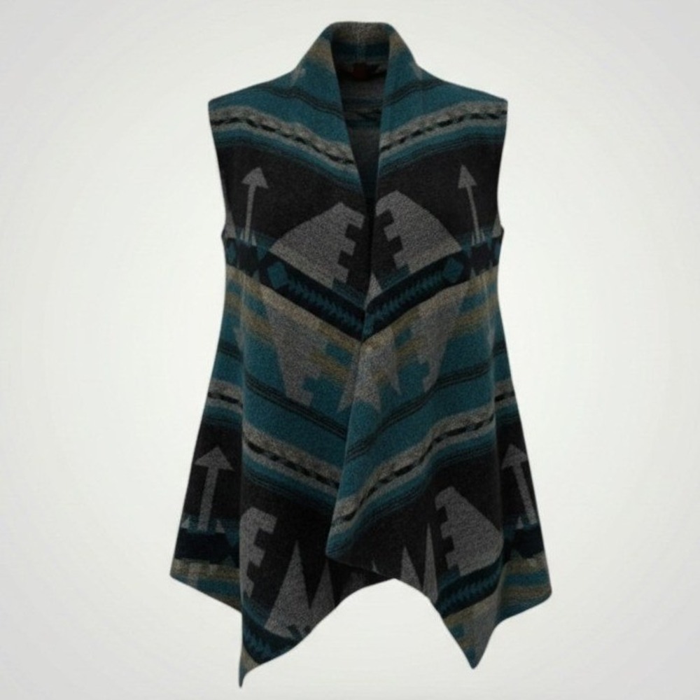 Apropos Southwestern Wool Vest Women Medium Teal Grey Cabin Rustic Aztec Cowgirl